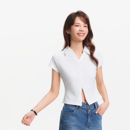 森马POLO衫女夏季短款插肩袖修身纯色小心机小性感简约风气质上衣 商品图2
