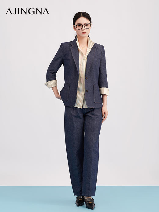 【商场同款】阿菁娜春季新款设计感西装中袖撞色翻边打破常规仿牛仔质感复古休闲A31C108051 商品图3