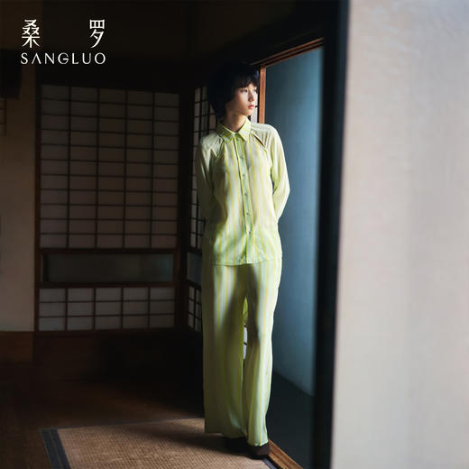 清醒柠檬』桑罗度假条纹衬衫桑蚕丝可拆卸袖上衣长裤可选 商品图1