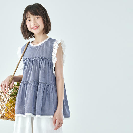 棵初2026年夏季新款亲子中大女童格纹花边无袖小衫轻薄甜美风上衣 商品图2