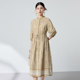 桑蚕丝真丝弹力双绉立领缠枝，印花连衣裙显瘦气质裙SM-1682662655