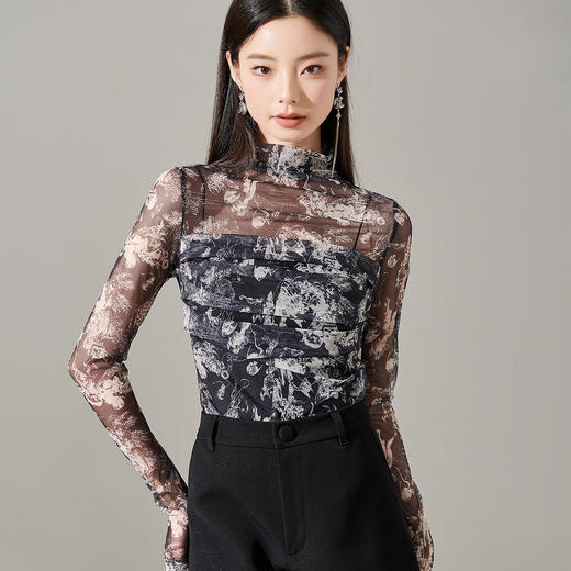 芳外新款高级感网纱薄款长袖内搭T恤水墨打底衫上衣8I23DT1471 商品图4