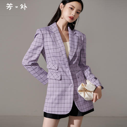 剩S/M/L 芳外新款格纹西服时尚百搭通勤外套女8T23AX0002 商品图0