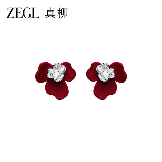 ZEGL新年系列红丝绒花朵耳钉女S925银针精致耳环高级气质红色耳饰 商品图5