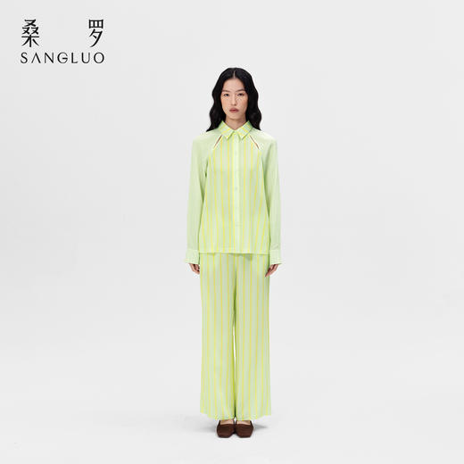 清醒柠檬』桑罗可外穿度假条纹长裤桑蚕丝阔腿休闲裤衬衫可选可拆卸一衣两穿 商品图3