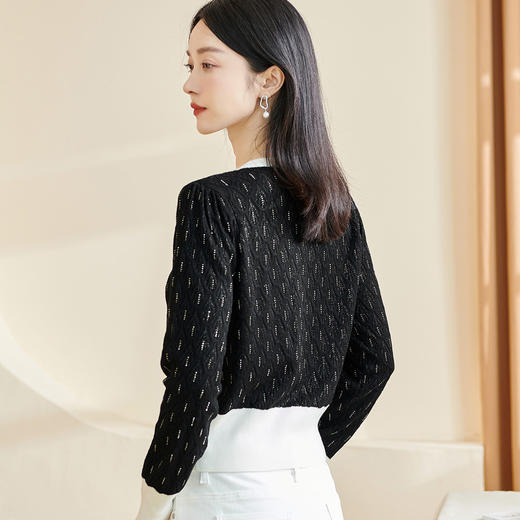 米思阳2026春季新款设计感经典撞色针织开衫肌理感收腰上衣2824 商品图2