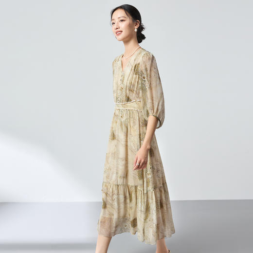 100%桑蚕丝新中式乔其纱，真丝印花连衣裙显瘦轻奢优雅SM-1682501183 商品图3