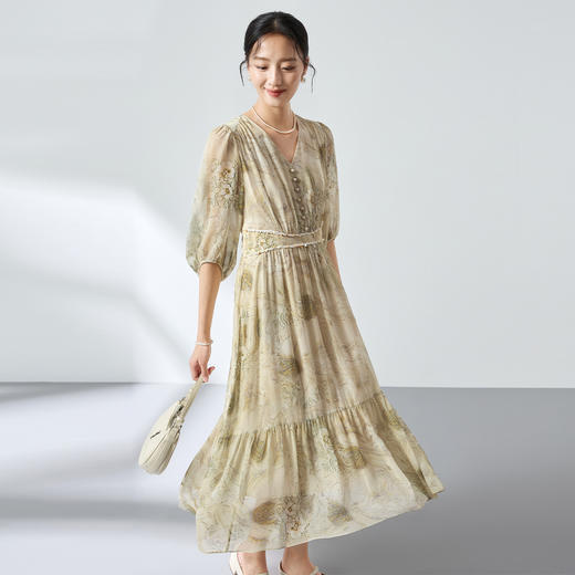 100%桑蚕丝新中式乔其纱，真丝印花连衣裙显瘦轻奢优雅SM-1682501183 商品图1