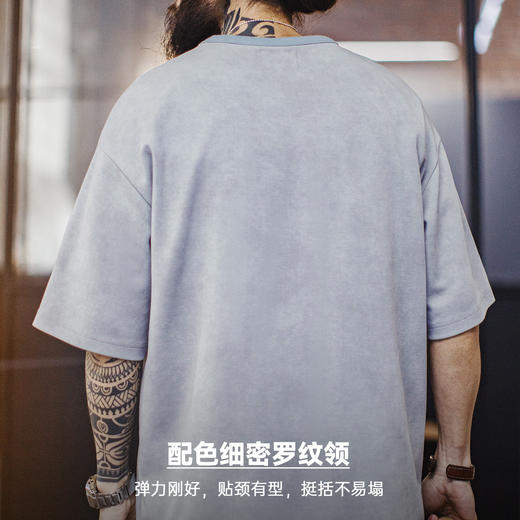 马登工装美式复古印花做旧仿蜡染圆领蓝色落肩针织短袖T恤男士夏 商品图3