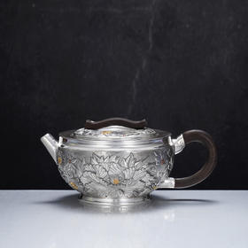 子佩集【花开福瑞】S999银摆件【ZJ039】茶具花朵嵌金平盖小茶壶2509