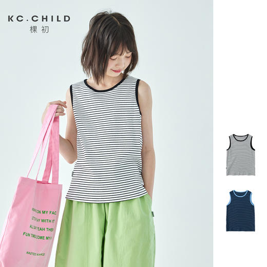 棵初26年夏新款亲子中大女童经典撞色条纹背心棉感微宽松无袖上衣 商品图0