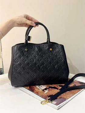 LV 蒙田 中号 黑色 压纹牛皮 手提 单肩包