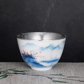 子佩集S990【金风拾趣】摆件【FP021】纯银茶具青花红枝茶杯纯银内胆景德镇手绘2508