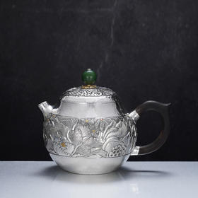 子佩集【花开福盈】S999银摆件【ZJ036】茶具牡丹花嵌金小茶壶2509