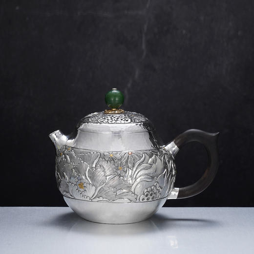 子佩集【花开福盈】S999银摆件【ZJ036】茶具牡丹花嵌金小茶壶2509 商品图0