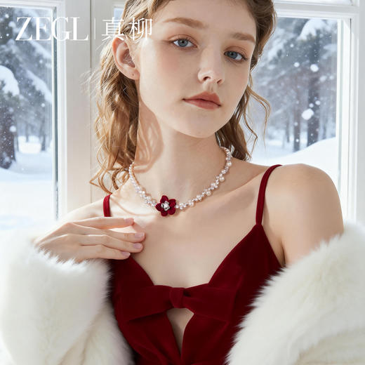 ZEGL新年红运繁花系列人造珍珠项链女轻奢小众红色花朵颈链锁骨链 商品图2