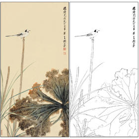 谢稚柳花鸟荷花翠鸟工笔画白描底稿《秋塘图》临摹勾线高清打印稿XZ54