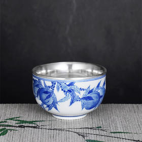 子佩集S990【桃之夭夭】摆件【QF003】纯银茶具青花桃枝茶杯纯银内胆景德镇手绘2508