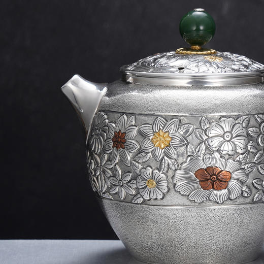 子佩集【花开福来】S999银摆件【ZJ037】茶具格桑花嵌金小茶壶2509 商品图1