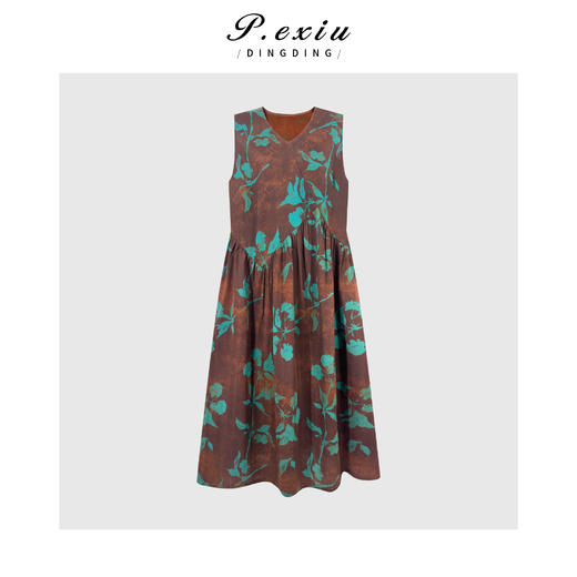 PanYiXiu/潘依绣【铜绿花笺】桑蚕丝红云纱人字纹喷绘印花连衣裙 XN749-1 商品图0