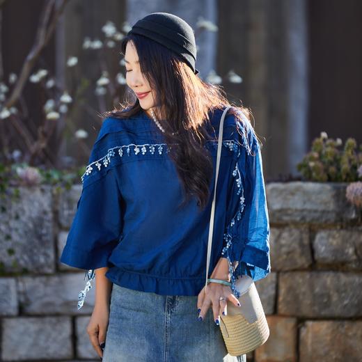 【林栖设计小店】植物染色|手工植物蓝婴儿棉渐变雨滴2026夏新款优雅衬衣1962043 商品图1