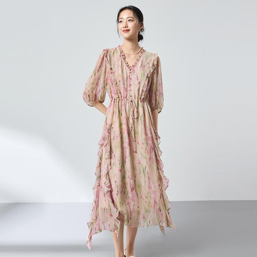 100%桑蚕丝仙气真丝碎花连衣裙，荷叶边气质茶歇裙SM-1682501279 商品图3