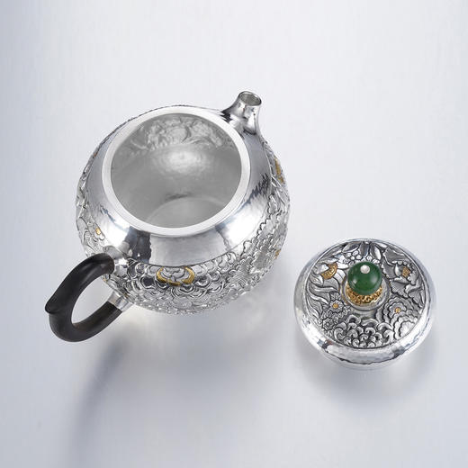子佩集【花开福盈】S999银摆件【ZJ036】茶具牡丹花嵌金小茶壶2509 商品图9