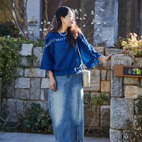 【林栖设计小店】植物染色|手工植物蓝婴儿棉渐变雨滴2026夏新款优雅衬衣1962043