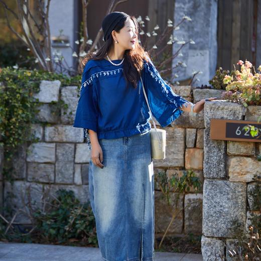 【林栖设计小店】植物染色|手工植物蓝婴儿棉渐变雨滴2026夏新款优雅衬衣1962043 商品图0