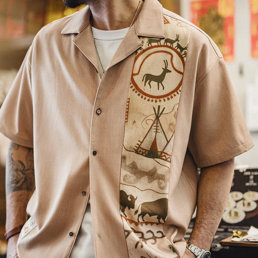 马登工装美式复古印花古巴领衬衫印第安薄款短袖棉衬衣外套男士夏 商品图0