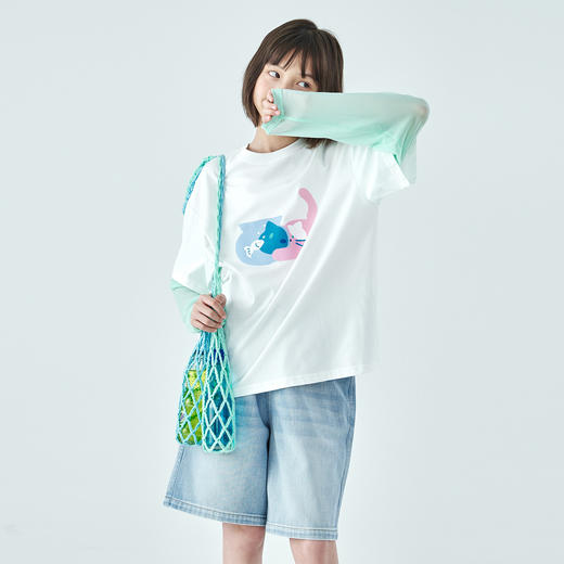 棵初26年夏季新款女童猫咪印花假两件拼色T恤凉感7A抗菌防晒上衣 商品图2