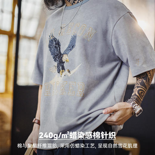 马登工装美式复古印花做旧仿蜡染圆领蓝色落肩针织短袖T恤男士夏 商品图2