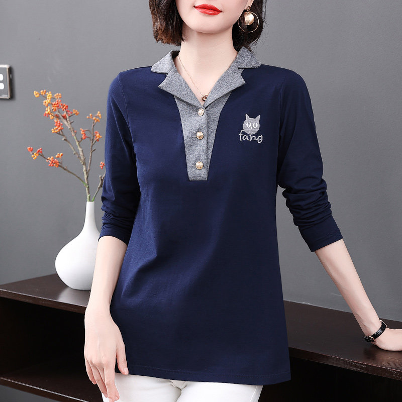 中长款长袖t恤女春秋季2026新款大码纯棉打底衫女士翻领上衣宽松