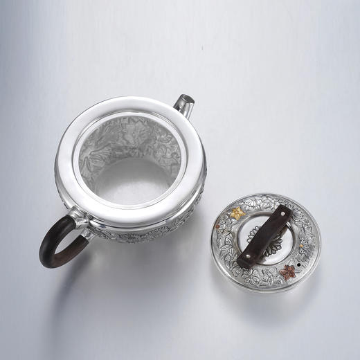 子佩集【花开福瑞】S999银摆件【ZJ039】茶具花朵嵌金平盖小茶壶2509 商品图8