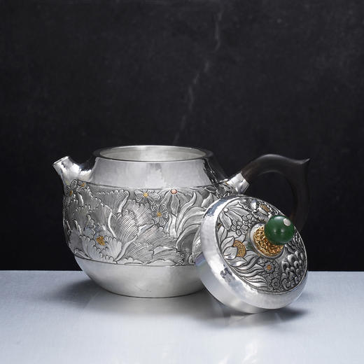 子佩集【花开福盈】S999银摆件【ZJ036】茶具牡丹花嵌金小茶壶2509 商品图3
