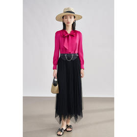 玫红色提花衬衫+高腰纱裙套装5M25CG4641