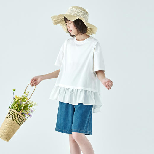 棵初2026年夏季新款中大女童拼接造型白色T恤凉感7A抗菌防晒短袖 商品图3