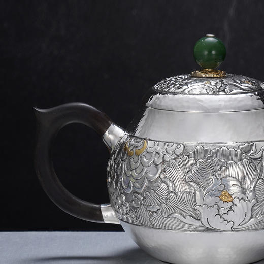 子佩集【花开福盈】S999银摆件【ZJ036】茶具牡丹花嵌金小茶壶2509 商品图6