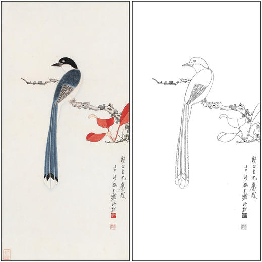 谢稚柳花鸟工笔画白描底稿《仿老莲笔意》临摹勾线高清打印稿XZ57 商品图0