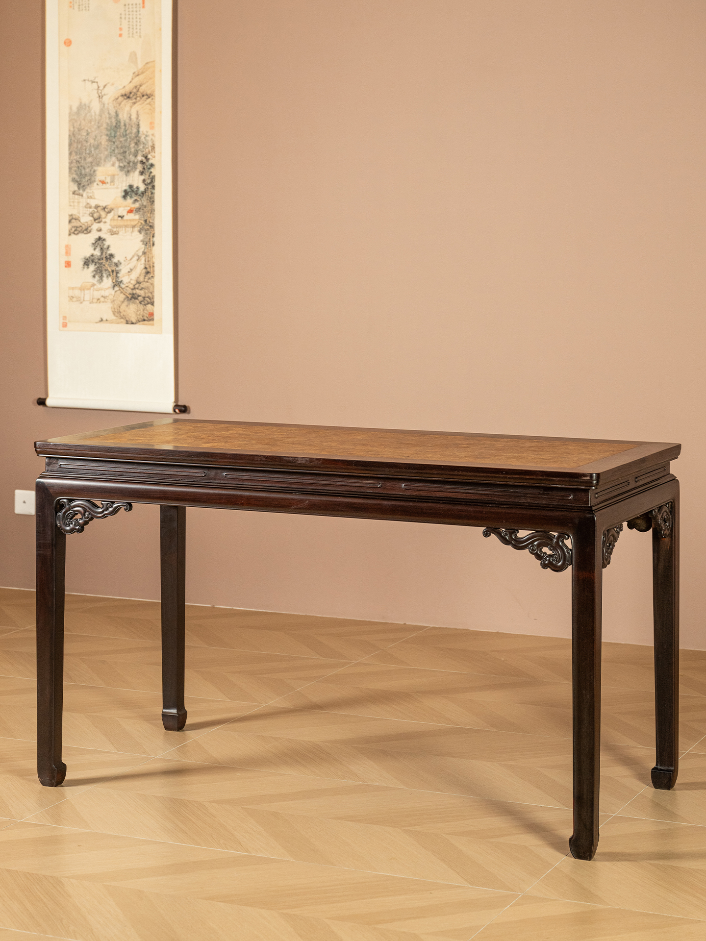 清	红木嵌瘿木百衲镶六角锦地画桌