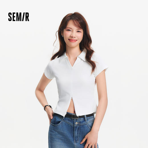 森马POLO衫女夏季短款插肩袖修身纯色小心机小性感简约风气质上衣 商品图1