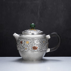 子佩集【花开福来】S999银摆件【ZJ037】茶具格桑花嵌金小茶壶2509