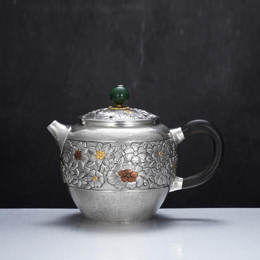 子佩集【花开福来】S999银摆件【ZJ037】茶具格桑花嵌金小茶壶2509 商品图0