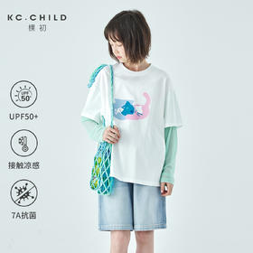 棵初26年夏季新款女童猫咪印花假两件拼色T恤凉感7A抗菌防晒上衣