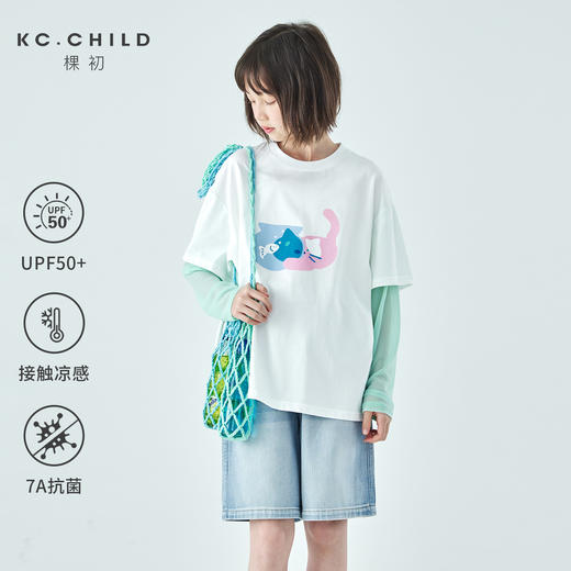 棵初26年夏季新款女童猫咪印花假两件拼色T恤凉感7A抗菌防晒上衣 商品图0