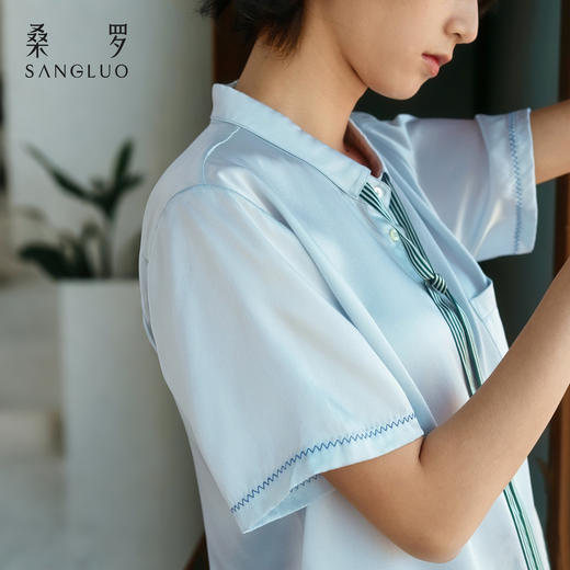 学院风』桑蚕丝家居服领带短袖套装女休闲宽松外穿 商品图2