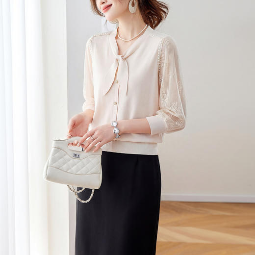 「自」全新升级【铂金会员192/天猫259/差价67】(01448)洛诗琳新款蕾丝七分袖针织衫女2026春季高级感凉感系带上衣 商品图2