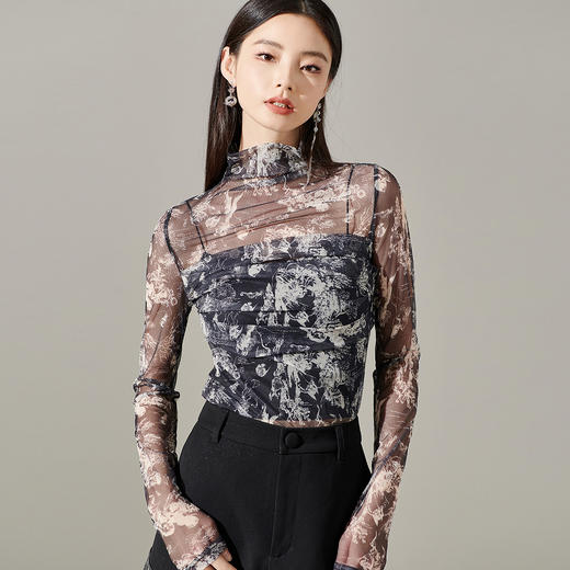 芳外新款高级感网纱薄款长袖内搭T恤水墨打底衫上衣8I23DT1471 商品图1
