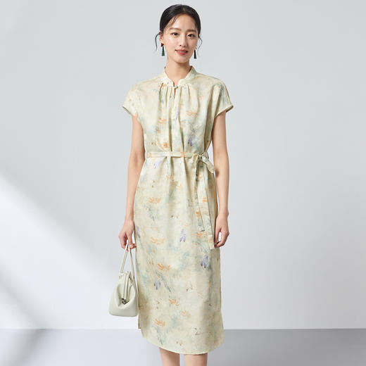 桑蚕丝中式桑波缎立领印花连衣裙，优雅显白轻奢气质SM-1682501825 商品图1