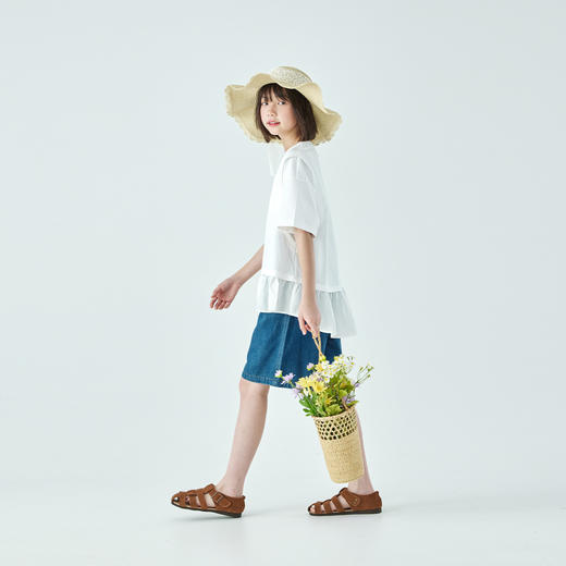 棵初2026年夏季新款中大女童拼接造型白色T恤凉感7A抗菌防晒短袖 商品图4